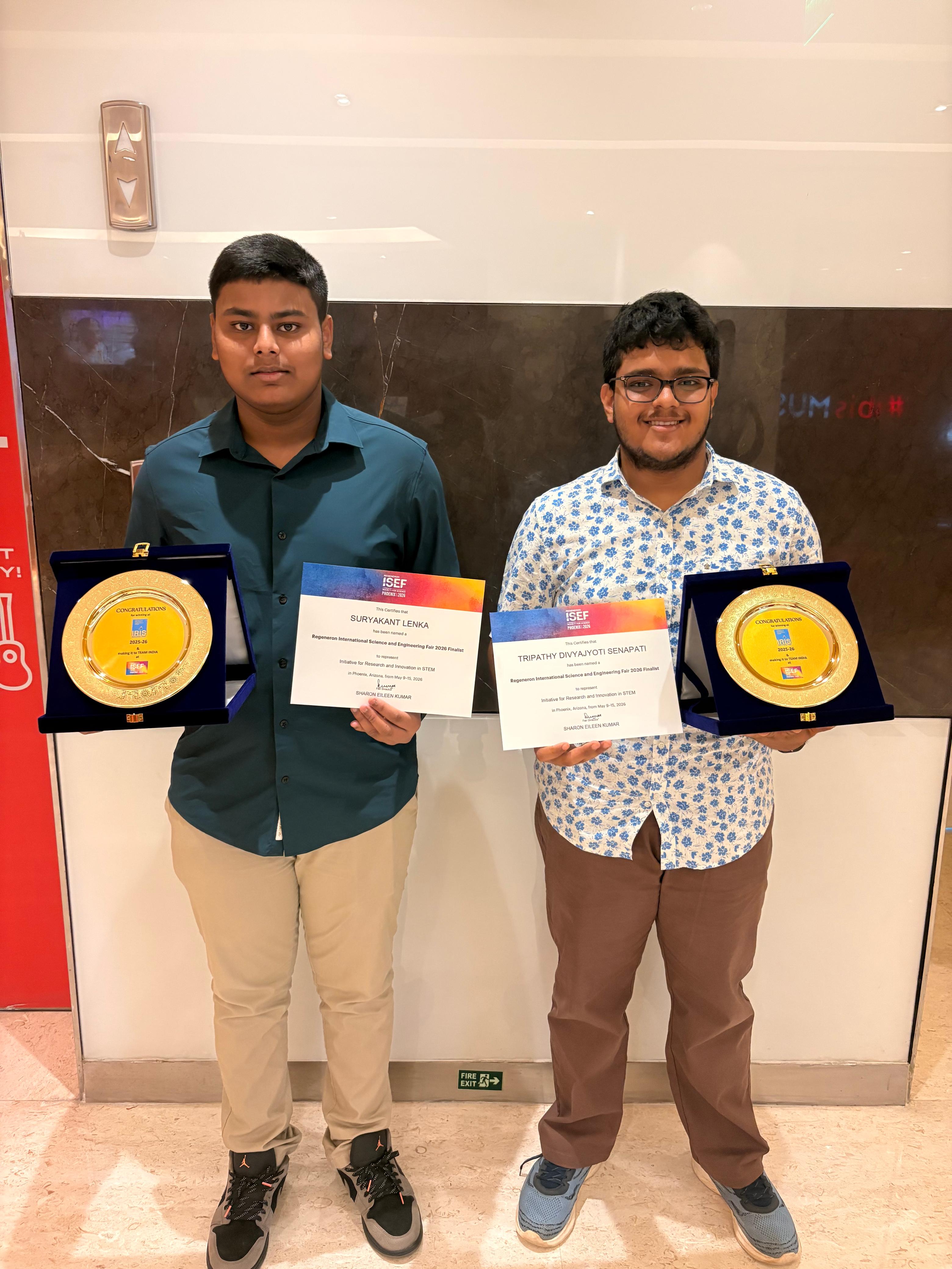 Suryakanta Lenka and Tripathy Divyajyoti Senapati holding ISEF finalist certificates and IRIS awards