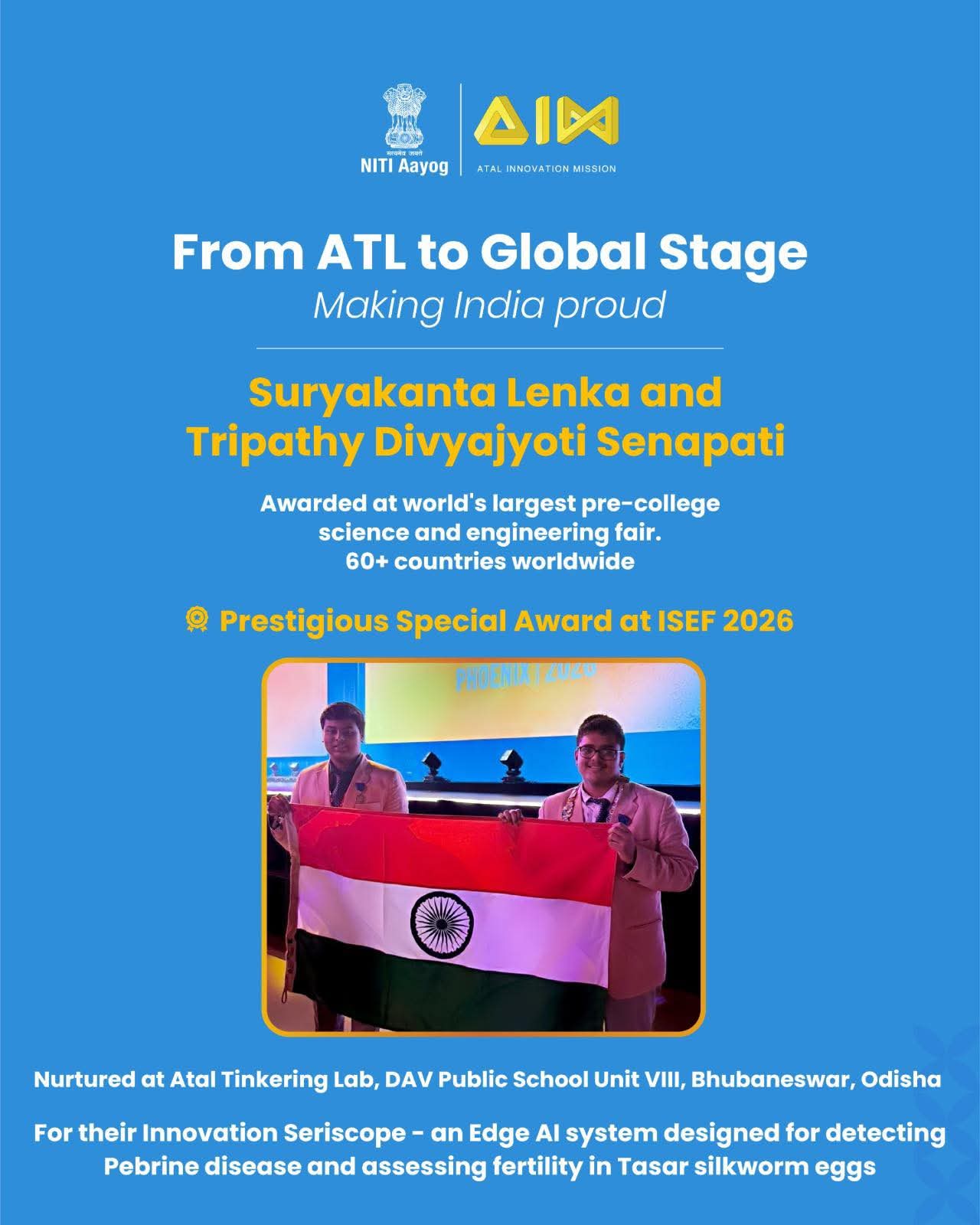 NITI Aayog and Atal Innovation Mission recognition panel celebrating SeriScope at ISEF